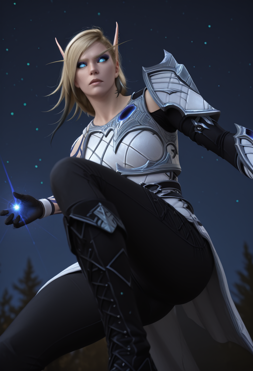 masterpiece, best quality, detailed, realistic, photorealistic, focused subject, depth of field, bokeh, (from below:0.7),
1girl, solo, USAlleriaTWW, blonde hair, arm tattoo, white armor, single pauldron, asymmetrical clothes, black pants, black boots, black gloves, eyeshadow, 
dynamic pose, serious,
night, night sky, dark,
<lora:USAlleriaTWW:1.0> <lora:reij-detaILer:0.8>, <lora:DarkerThanDarkIllustriousV1:0.8>