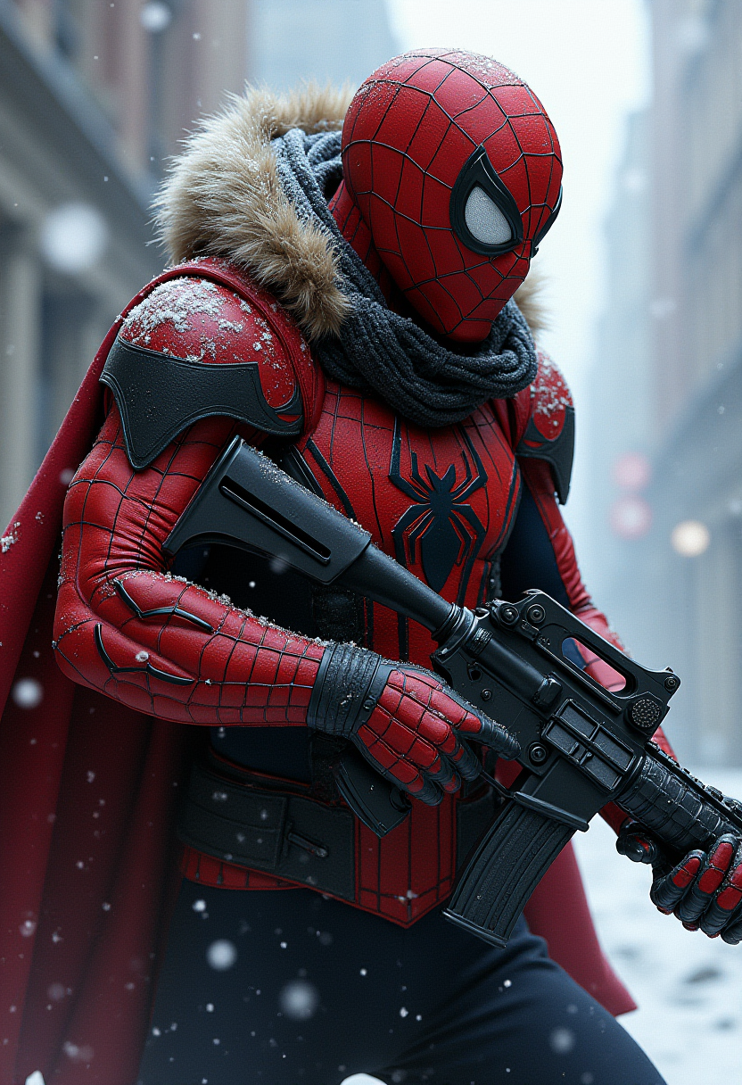 close up, art by Thomas Lawrence and Yasushi Nirasawa, concept art, spider-man, holding assault rifle, it is very elegant, in winter armor, Wide view, Amusing, gorgeous, enchanted, luxurious sharp focus, complimentary colors, sharp focus, imposing, handsome