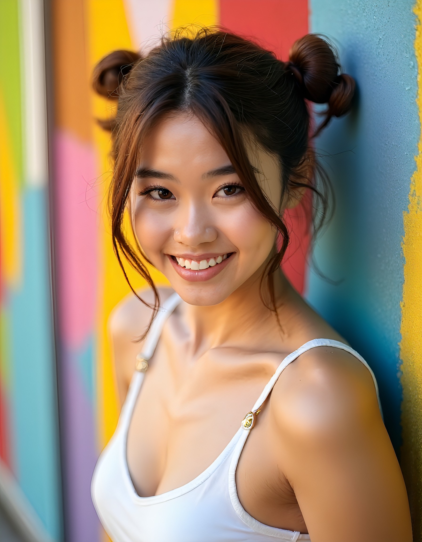 A photo of a young woman in front of a multicolored painted wall. Close semi side view. Photo of her upper body revealing the curves of her chest. She is seductively looking at viewer. She is wearing a summer outfit. <lora:woomy-5-flux:1> brown eyes, brown hair, buns, smile,, realistic, 4K, ultra detailed photography, sharp image,, medium chest, weirdify