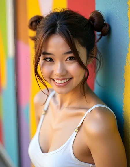 A photo of a young woman in front of a multicolored painted wall. Close semi side view. Photo of her upper body revealing the curves of her chest. She is seductively looking at viewer. She is wearing a summer outfit. <lora:woomy-5-flux:1> brown eyes, brown hair, buns, smile,, realistic, 4K, ultra detailed photography, sharp image,, medium chest, weirdify