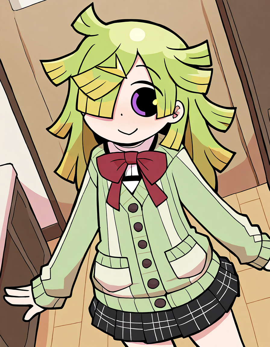 masterpiece, best quality, newest, absurdres, highres, safe, 1girl, aki mabayu \(knitted uniform\), magia record: mahou shoujo madoka magica gaiden, papa \(shimeguru\), solo, indoors, dutch angle, <lora:20241225074500_aki_mabayu_noobaiXLNAIXL_vPred10Version:0.7>