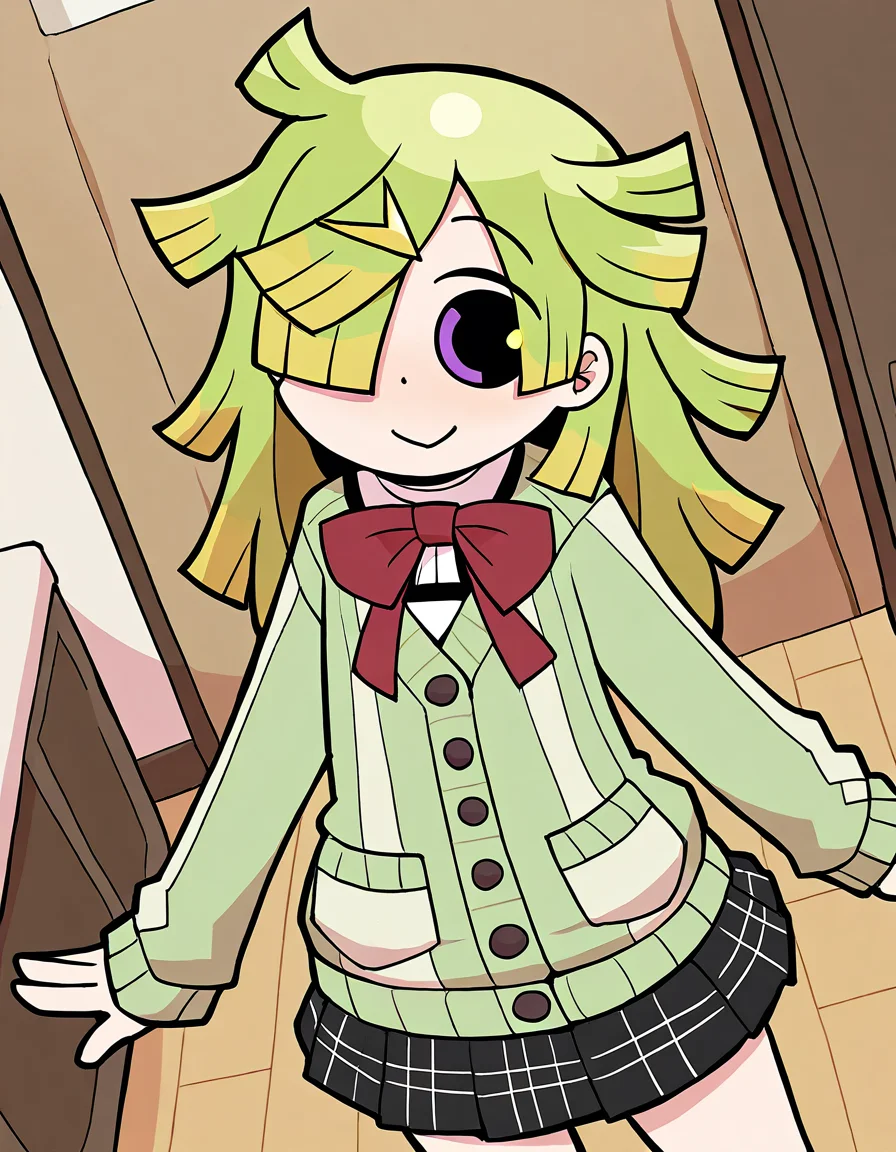 masterpiece, best quality, newest, absurdres, highres, safe, 1girl, aki mabayu \(knitted uniform\), magia record: mahou shoujo madoka magica gaiden, papa \(shimeguru\), solo, indoors, dutch angle, <lora:20241225074500_aki_mabayu_noobaiXLNAIXL_vPred10Version:0.7>