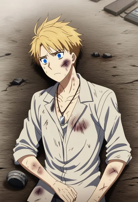high resolution, professional photography, solo, best quality, 1Boy, Yamato Ishida, Blond Hair, Deep Blue Eyes, Necklace, lying down, conquered, hurt, dying, battered, blank stare, bruised, OverallDetail
