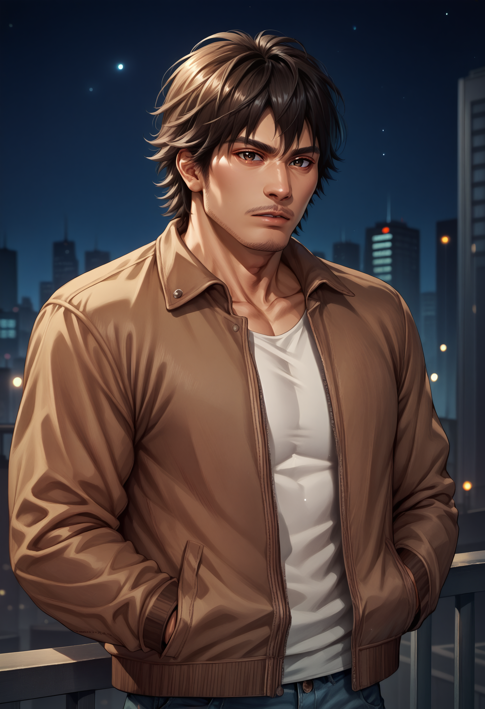 score_9, score_8_up, score_7_up, <lora:tatsuoshinada-guy-PONY-LyCORIS-v1:1>, tatsuoshinada, 1boy, solo, facial hair, stubble, brown jacket, white shirt, denim, depth of field, night, city, city lights