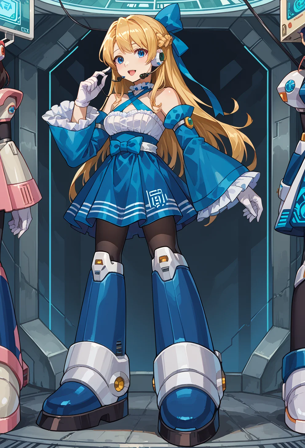 score_9, score_7_up, source_anime, (solo:1.2), BREAK <lora:Reploid_v2.0:1> megamanreploid, android, gloves, white gloves, armor, bodysuit, robot ears, headset, full body, holographic interface, hand on headset, open mouth, hand up, hand on own ear,, <lora:mxmarina:1> mxmarina, french braid, half updo, Hair ribbon, frilled choker, criss-cross halter, sleeveless dress, high-waist skirt, backless dress, blue dress, waist blue bow, detached sleeves, frilled sleeves, wide sleeves, blue sleeves, black pantyhose, patterned legwear, pinstripe pantyhose, mary janes,