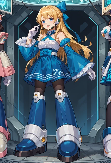 score_9, score_7_up, source_anime, (solo:1.2), BREAK <lora:Reploid_v2.0:1> megamanreploid, android, gloves, white gloves, armor, bodysuit, robot ears, headset, full body, holographic interface, hand on headset, open mouth, hand up, hand on own ear,, <lora:mxmarina:1> mxmarina, french braid, half updo, Hair ribbon, frilled choker, criss-cross halter, sleeveless dress, high-waist skirt, backless dress, blue dress, waist blue bow, detached sleeves, frilled sleeves, wide sleeves, blue sleeves, black pantyhose, patterned legwear, pinstripe pantyhose, mary janes,