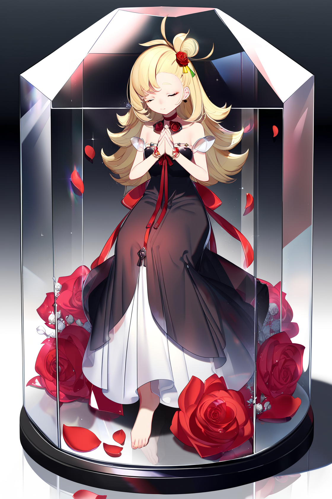 8k, best quality, masterpiece, (ultra-detailed), (high detailed skin), (by nanoless, by misumi \(macaroni\):0.25), 
1girl, encased in huge crystals, flower, closed eyes, solo, red flower, rose, petals, red rose, own hands together, closed mouth, full body, barefoot, hair ornament, long dress, ribbon, a detailed digital illustration of a girl sealed by crystal, is seen in a hexagon-shaped glass cube. The illustration is surrounded by a mix of black, white, pink, blue, and red colors. The cube is placed on a reflective surface. The background is a dark brown, and there is a light reflecting off of the cube, 
<lora:paixi-atw2-Tanger-000008:0.7>, paipai, def-clothes of paipai, bangs pinned back, 1girl, green eyes, blonde hair, gloves, black shorts, hair ornament, yellow gloves,