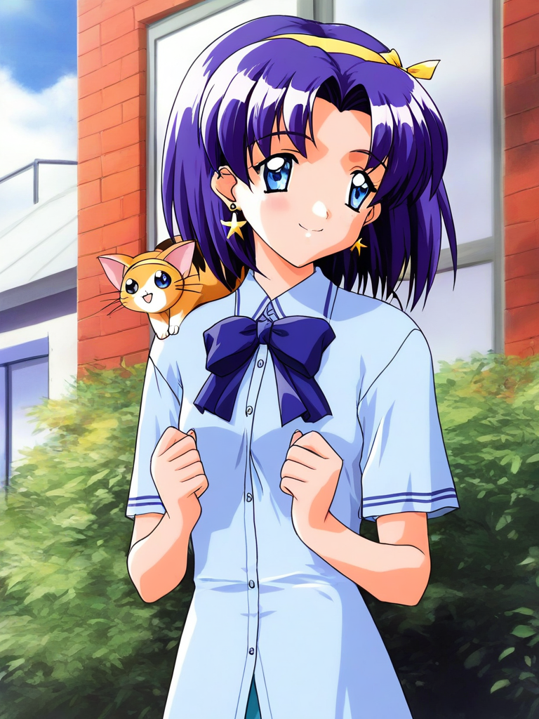 general,highres, ultra-detailed,very aesthetic,best quality ,best hands, BREAK <lora:Nozaki_sumire_Tokimeki_Memorial2_IS:1>
Nozaki_sumire(Tokimeki_Memorial2), 1girl, solo, blue eyes, blue hair, short hair, hairband, small breasts,
purple hair, cat, smile, shirt, animal on shoulder, earrings, outdoors, 
jewelry, bow, animal, yellow hairband