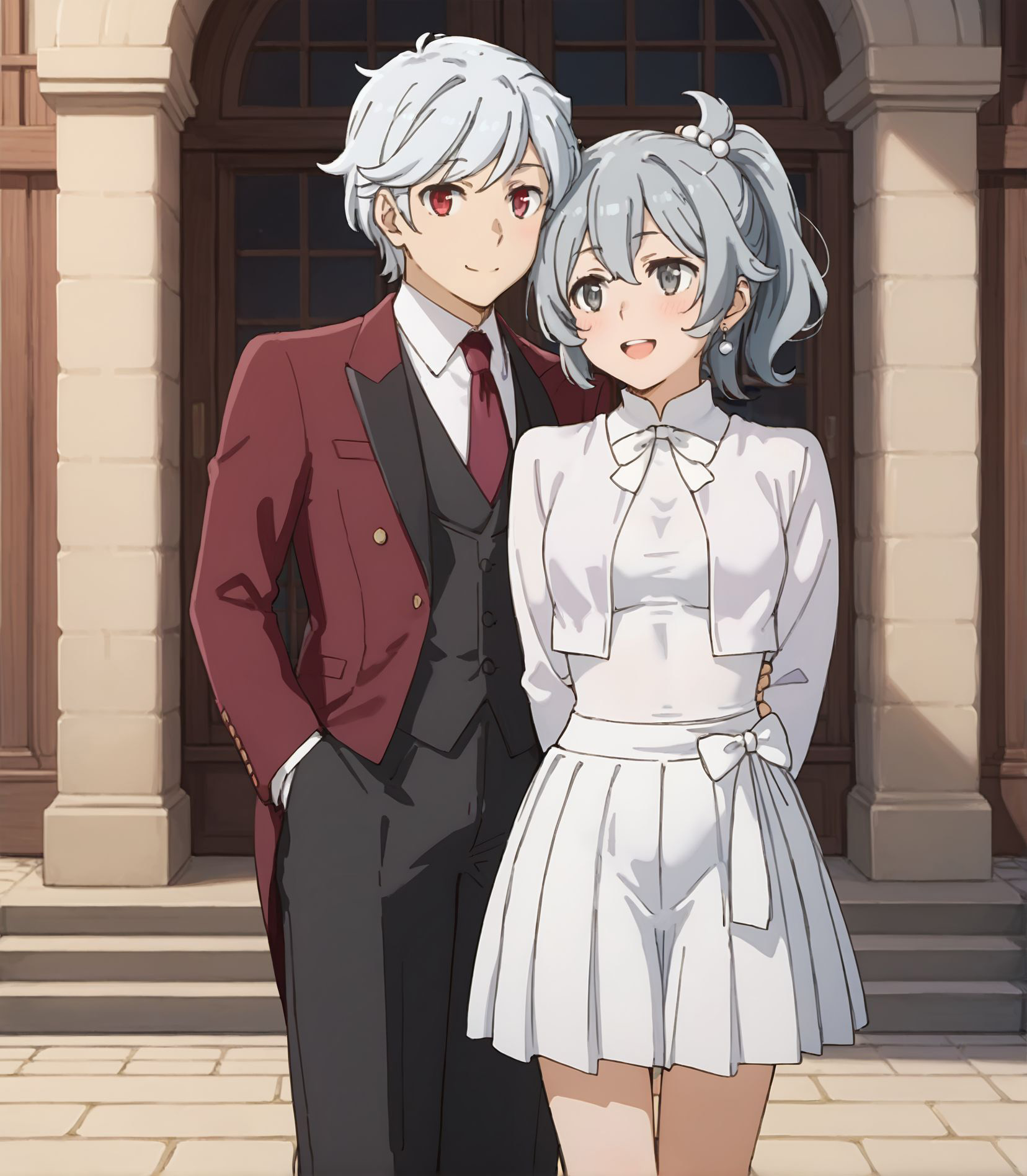 score_9,score_8_up,score_7_up,masterpiece, best quality, <lora:WHM 0.2v:0.5>, WHM, 2D,anime,  
<lora:HandFixer_pdxl_Incrs_v1:0.5>,  
1boy, 1girl, standing, side by side,
cuddling,couple,
medieval town ,  fantasy,dungeon ni deai wo motomeru no wa machigatteiru darou ka style,  
BREAK
1boy, 1girl, standing, side by side,
cuddling,couple,
<lora:bell01:0.7>full body, bell01, 
<lora:Bell_Cranel_r2:0.1> belcranel,
looking at viewer, smile, shirt, red eyes, closed mouth, white hair, red necktie, formal,black pants, Tuxedo,
grey eyes female,
BREAK
1boy, 1girl, standing, side by side,
cuddling,couple,
<lora:DanMachi_SyrFlovaXL:0.8>, pen mouth, smile, blush, upper teeth only, short hair, short ponytail, grey hair, grey eyes, hair between eyes, hair bobbles, earrings, SyrDate, cropped jacket, white jacket, collared shirt, white shirt, long sleeves, bow skirt, pleated skirt, white skirt, white bow, arms behind back, leaning forward, looking at viewer, thigh gap,