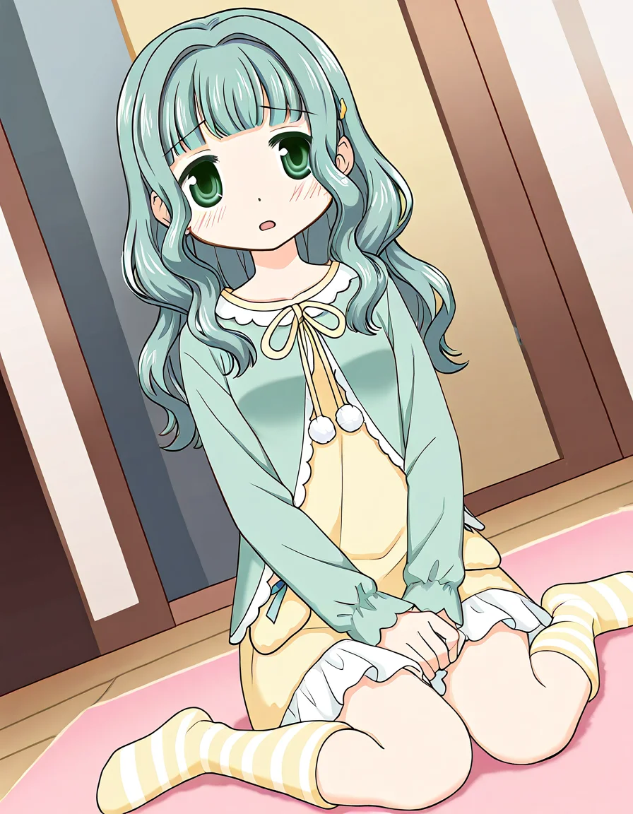 masterpiece, best quality, newest, absurdres, highres, safe, 1girl, futaba sana \(pajamas costume\), magia record: mahou shoujo madoka magica gaiden, yellow striped kneehighs, solo, open mouth, wariza, indoors, dutch angle, <lora:futaba_sana_noobaiXLNAIXL_vPred10Version:0.7>