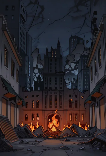 masterpiece, best quality,
<lora:Inusen:1>
1n0s3n, nobody on screen, city destroyed background, drawned in inusen style, night, lots of buildings destroyed, lots of flames, dutch angle of an exterior corridor from a apartment building