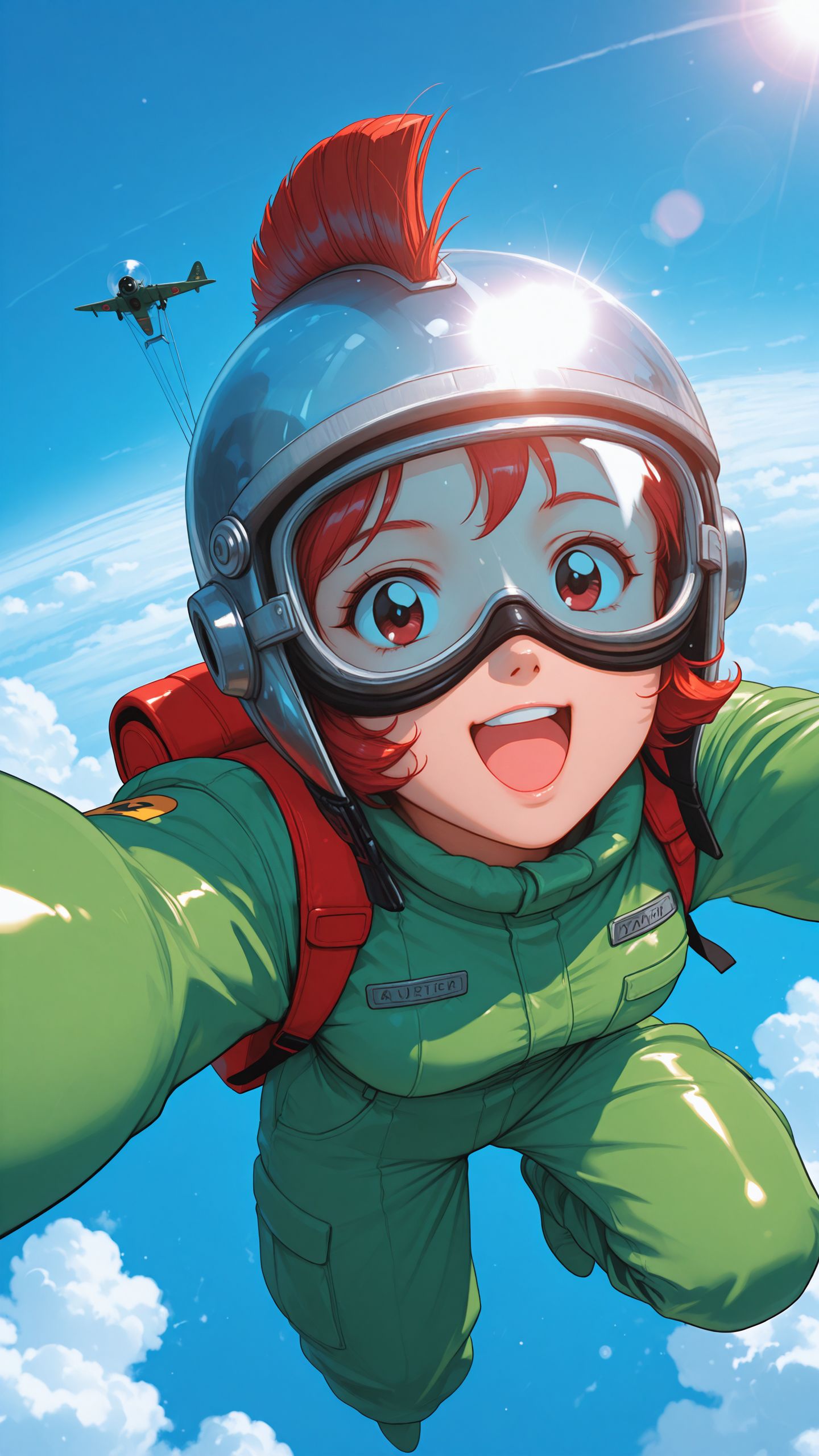 female, portrait, retro artstyle, 2000s \(style\), <lora:add-detail-xl:1>,
incredibly absurdres, highres, masterpiece,
burgundy hair, upper teeth only, sky diving jumpsuit, green jumpsuit, parachute pants, mohawk helmet, goggles, covered face, backpack, sky diving, airplane, vibrant blue sky, fluffy clouds, sunlight, heavy lens flare, excited expression, (selfie:1.3), (fisheye:1.3)
looking at viewer, facing viewer, full body