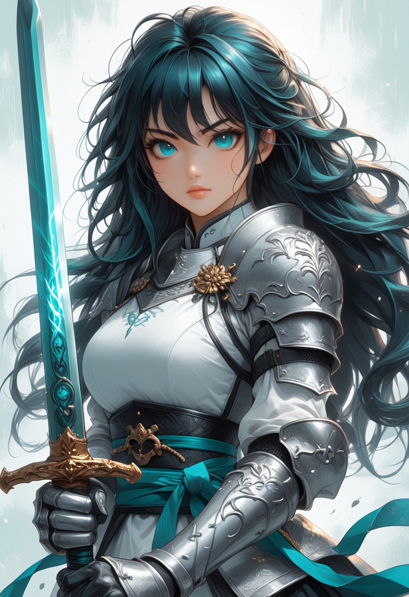 hkstyle FFROA, A knight holding her sword, anime, Cyan teal black white, beautiful face, anime, martial arts sword pose