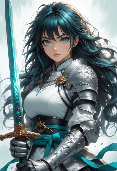 hkstyle FFROA, A knight holding her sword, anime, Cyan teal black white, beautiful face, anime, martial arts sword pose