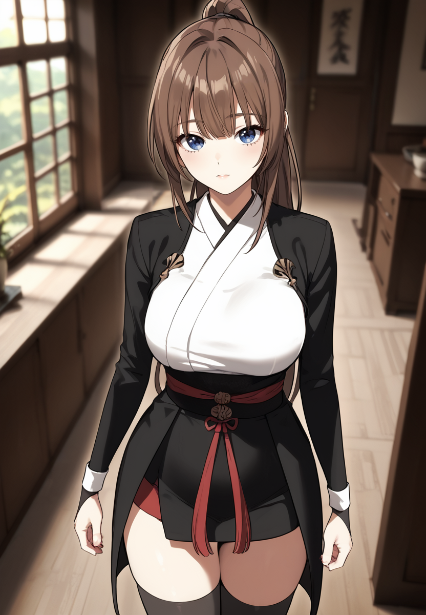 zPDXL3, score_9_up, score_8_up, score_7_up, (Anime_source),Masterpiece,(perfect female body:1.2), small waist,(incredibly detailed:1.4), slim, beautiful fingers, beautiful white skin, Beautiful clear skin, (large breasts:1.4)  thighs, looking at viewer, big breasts, <lora:Alicia_Arden_-_I_Killed_the_Player_of_the_Academy-Kaleid-PONY:0.8> aliciaarden, 1girl, brown hair, long hair ponytail, blue eyes, bangs, (facing viewer:1.5) japanese clothes, black skirt, obi, red ribbon, black thighhighs, white kimono, black jacket