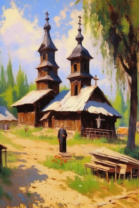 <lora:Konstantin Korovin Style:1>Konstantin Korovin Style - Funeral, small old wooden orthodox church, village background, extremely hot summer day, rural Romania, painting