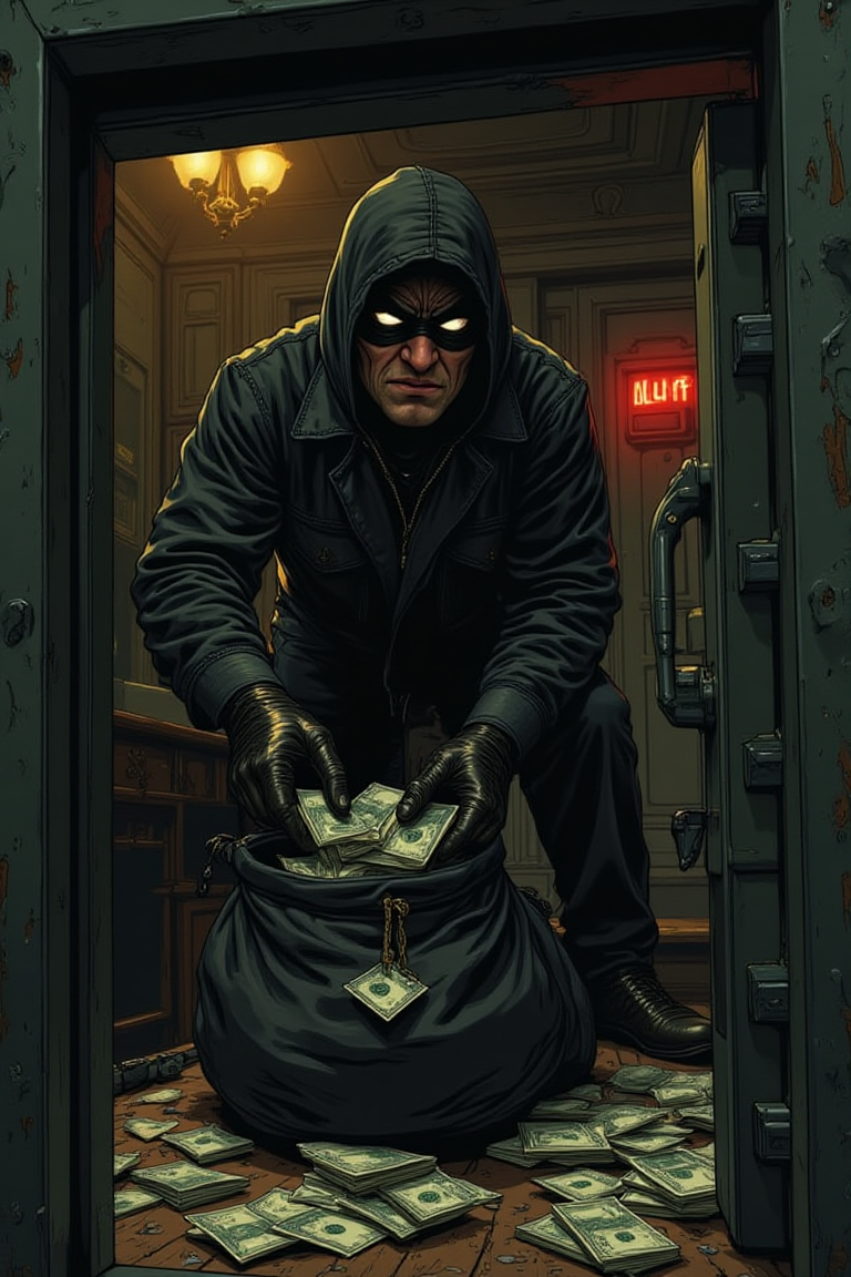 illustration, cartoon, anime, manga, drawing, A lone bank robber, clad in a black mask and leather gloves, stands over an open vault filled with cash. His eyes gleam with excitement and greed as he stuffs the money into a large duffel bag. The alarm blares in the background, but he remains focused on his prize.