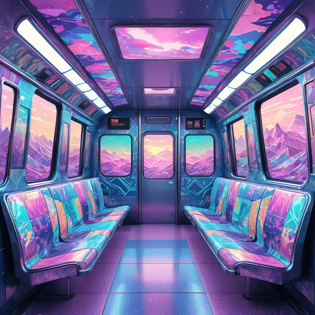 A retro-futuristic subway car interior with seats upholstered in loud 90s patterns. Outside the windows, a psychedelic landscape of geometric shapes and glitch art whizzes by. <lora:add-detail-xl:1.2>, <lora:Vaporwave_SDXL:1> ArsMJStyle , vaporwave,