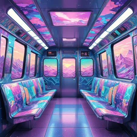 A retro-futuristic subway car interior with seats upholstered in loud 90s patterns. Outside the windows, a psychedelic landscape of geometric shapes and glitch art whizzes by. <lora:add-detail-xl:1.2>, <lora:Vaporwave_SDXL:1> ArsMJStyle , vaporwave,
