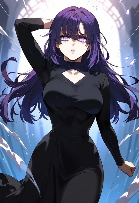 zPDXL3, score_9_up, score_8_up, score_7_up, (Anime_source), 1girl, NaYeorum, purple hair, long hair cowboy shot, Alter dress, purple eyes, floating hair, from front, looking at viewer, standing, parted lips, particles, one arm up