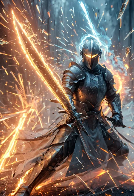 1man, armored knight, Incoming sword, broken glass, reflection, glowing fire slash, shatter, holding sword, glowing sword, motion blur, emphasis line, outdoor in the darkness, looking viewer,