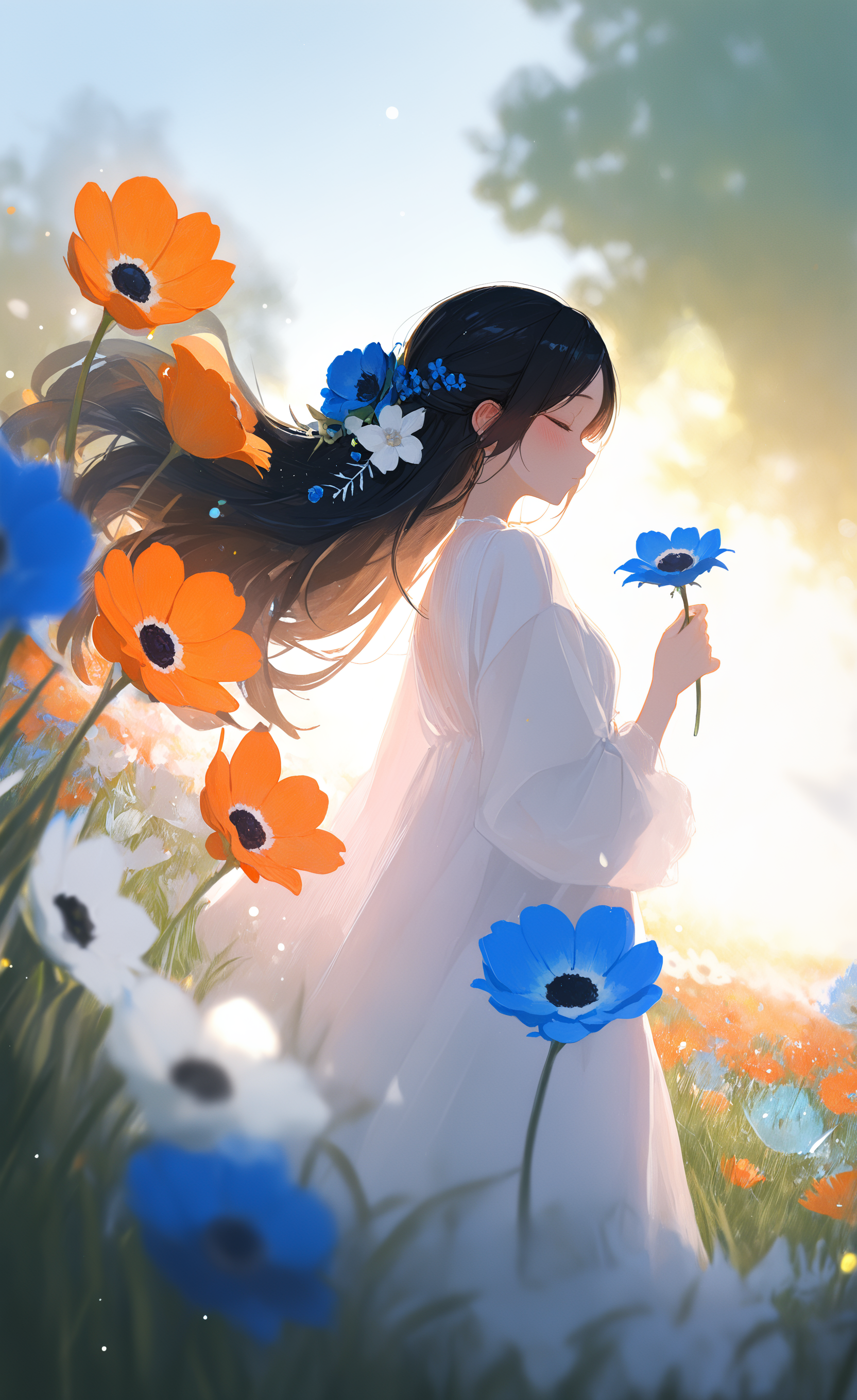 masterpiece, best quality, good quality, very awa, newest, highres, absurdres, 1girl, solo, long hair, blush, black hair, hair ornament, dress, closed eyes, flower, outdoors, day, hand up, hair flower, white dress, from side, white flower, sunlight, grass, plant, nature, light particles, half updo, blue flower, backlighting, holding flower, field, flower field, orange flower, anemone \(flower\), light wind, xxx667_illu,
glowing, <lora:illustriousXL_stabilizer_v1.23:0.3> <lora:NOOB_vp1_detailer_by_volnovik_v1:0.3> <lora:ponyv6_noobE11_2_adamW-000017:0.3> <lora:96YOTTEA-WAI:0.5> <lora:XXX667:0.5> <lora:HaradaTakehitoIXL_v3:0.8>