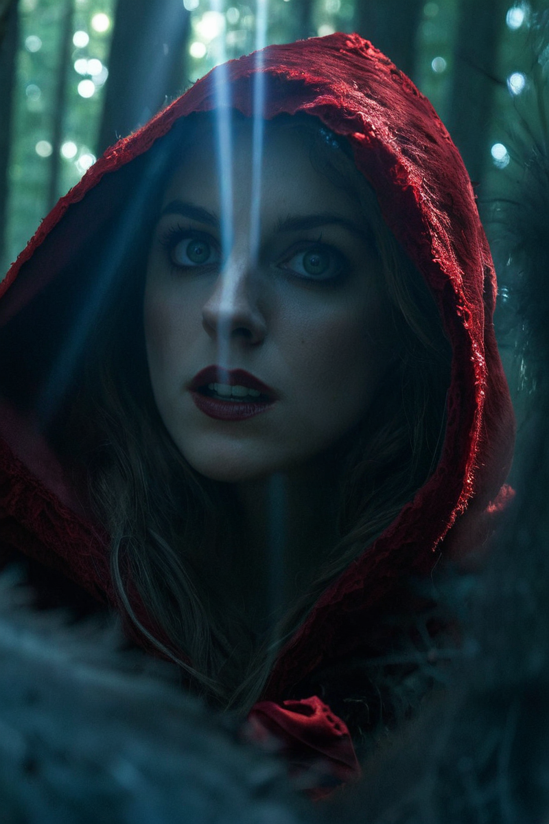 <lora:Emma_Corrin_SDXL_101:0.8> emmacorrin101 1girl up close cinematic red riding hood next to a werewolf in the forest , expression, , finely detailed eyes, epic scene, epic composition, Photography, Cinematic Lighting, Volumetric Lighting, ethereal light, intricate details, extremely detailed volumetric rays 35mm photograph, film, bokeh, professional, 4k, highly detailed . Eerie, unsettling, dark, spooky, suspenseful, grim, highly detailed