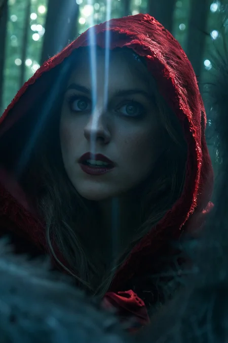 <lora:Emma_Corrin_SDXL_101:0.8> emmacorrin101 1girl up close cinematic red riding hood next to a werewolf in the forest , expression, , finely detailed eyes, epic scene, epic composition, Photography, Cinematic Lighting, Volumetric Lighting, ethereal light, intricate details, extremely detailed volumetric rays 35mm photograph, film, bokeh, professional, 4k, highly detailed . Eerie, unsettling, dark, spooky, suspenseful, grim, highly detailed