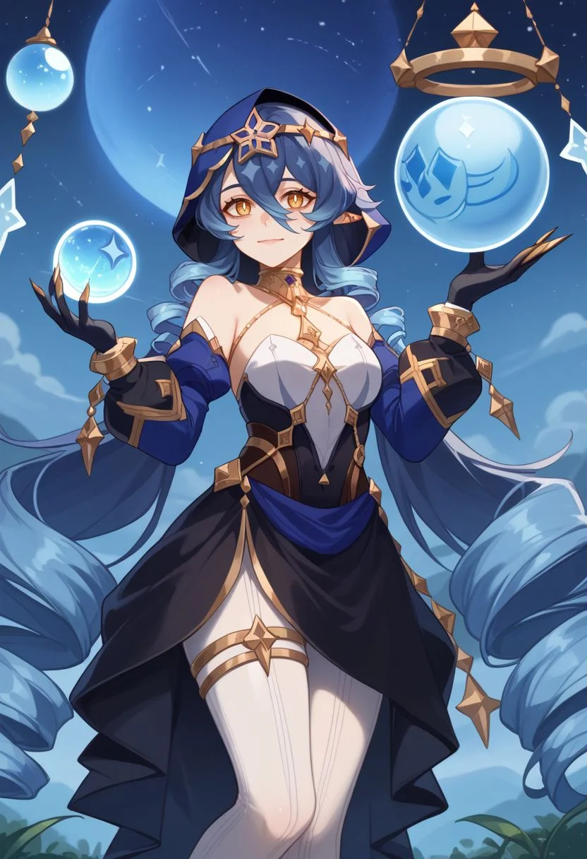 score_9, score_8_up, score_7_up, source_anime, 1girl, layladef, blue hair, yellow eyes, drill hair, hair between eyes, drill sidelocks, twin drills, pointy ears, blue hood, jewelry, neck ring, bare shoulders, detached sleeves, juliet sleeves, puffy long sleeves, claw ring, black gloves, white pantyhose, bags under eyes, thighlet, light smile, standing, looking at viewer, outdoors, starry sky, night, orb, <lora:Layla_v1-000010:1>