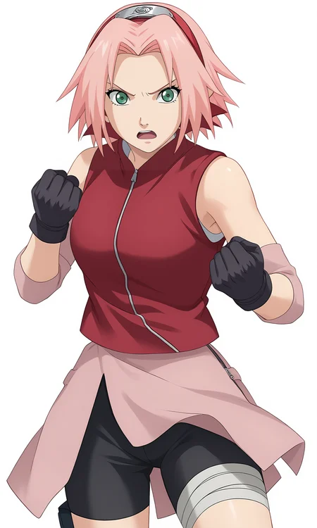 score_9, score_8_up, score_7_up, game cg,
pov,
clenched hands,
harunosakura, 1girl, pink hair, green eyes, short hair, black gloves, elbow pads, sleeveless shirt, looking at viewer, pink skirt, forehead protector, bandaged leg, black shorts, konohagakure symbol, red shirt, haruno sakura,
fighting stance,
serious, open mouth,
simple background, white background,
<lora:Sakura_PXL:1>