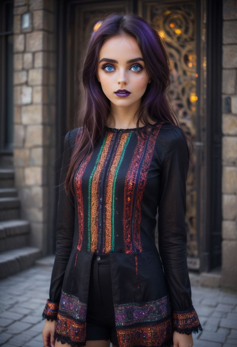 Full body shot, cute girl with large iridescent bright colorful eyes , intense gaze,