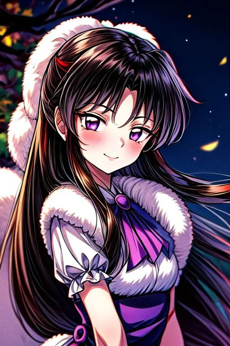 masterpiece, best quality 1girl Setsun4 solo long hair, (night time) forest background black hair very long hair purple eyes multicolored hair armor (fur trim) (medium body),<lora:EMS-179-EMS:0.800000>,<lora:EMS-293862-EMS:0.800000> bow, hair_bow, hair_tubes, red_bow, brown_hair, long_hair, bangs, sidelocks, ascot, brown_eyes, frilled_bow, yellow_ascot, blush, smile, hair_between_eyes