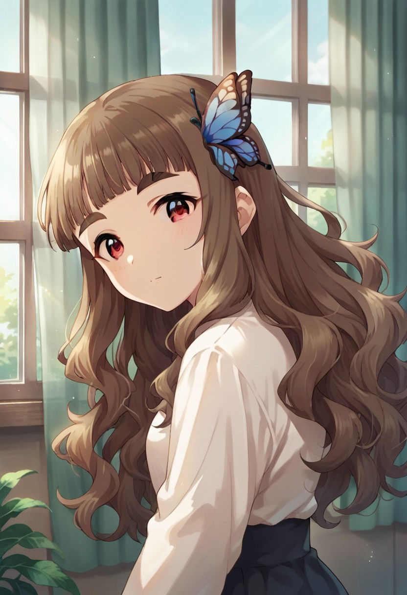 score_9, score_8_up, score_7_up, source_anime,kamiya nao, brown hair, long hair, red eyes, 1girl, solo, hair ornament, butterfly hair ornament, window, looking at viewer, curtains, wavy hair, thick eyebrows, blunt bangs
