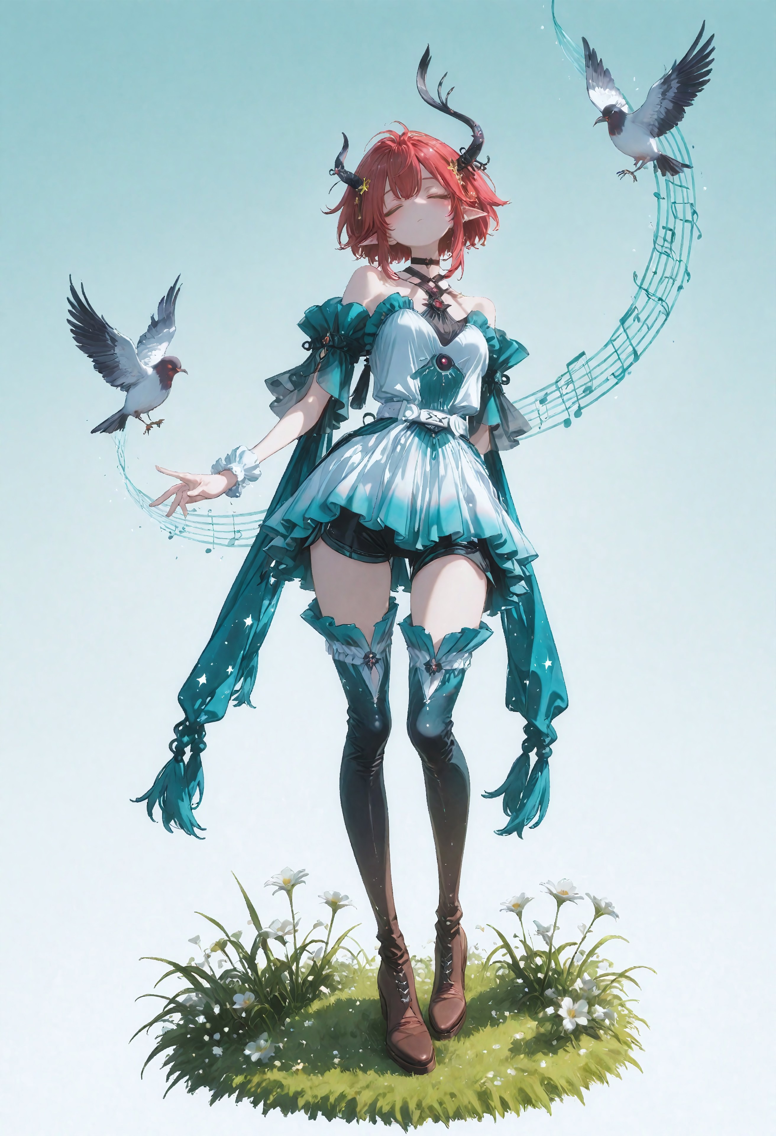masterpiece, best quality, amazing quality, 1girl, solo, green eyes, pointy ears, red hair, short hair, asymmetrical horns, hair ornament, side ponytail, short dress, frilled wrist cuffs, white wrist cuffs, white dress, multicolored dress, teal dress, gem, off-shoulder dress, bare shoulders, teal sleeves, short sleeves, wide sleeves, see-through sleeves, layered sleeves, clothing cutout, thigh boots, frilled footwear, gradient boots, gradient skirt, white skirt, frilled skirt, teal skirt, black shorts, short shorts, shorts under skirt, white belt, jewelry, halterneck, black choker, simple background, standing, full body, closed eyes, flower, blush, arms behind back, brown footwear, star (symbol), scarf, bird, grass, star hair ornament, no nose, star print, musical notes, joyful atmosphere, bard <lora:noobai_ep11_stabilizer_v0.138_fp16:0.3> <lora:ppw_v7_noobVv1.0:0.5> <lora:XXX667:0.5> <lora:lpc_v10:0.4> <lora:CrypticHue:1>