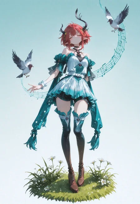 masterpiece, best quality, amazing quality, 1girl, solo, green eyes, pointy ears, red hair, short hair, asymmetrical horns, hair ornament, side ponytail, short dress, frilled wrist cuffs, white wrist cuffs, white dress, multicolored dress, teal dress, gem, off-shoulder dress, bare shoulders, teal sleeves, short sleeves, wide sleeves, see-through sleeves, layered sleeves, clothing cutout, thigh boots, frilled footwear, gradient boots, gradient skirt, white skirt, frilled skirt, teal skirt, black shorts, short shorts, shorts under skirt, white belt, jewelry, halterneck, black choker, simple background, standing, full body, closed eyes, flower, blush, arms behind back, brown footwear, star (symbol), scarf, bird, grass, star hair ornament, no nose, star print, musical notes, joyful atmosphere, bard <lora:noobai_ep11_stabilizer_v0.138_fp16:0.3> <lora:ppw_v7_noobVv1.0:0.5> <lora:XXX667:0.5> <lora:lpc_v10:0.4> <lora:CrypticHue:1>