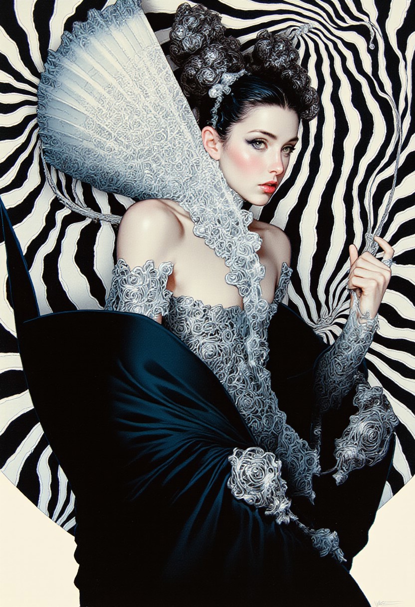 A high-resolution ArsMJStyle colored pencil hyper-detailed realism illustration of a gothic-inspired woman, captured from a low-angle perspective to emphasize her commanding presence. She stands against a hypnotic backdrop of black-and-white fractal lines, forming an intricate optical illusion that warps and undulates, creating a surreal sense of depth and movement. Her flowing midnight-black gown, adorned with shimmering silver filigree and ethereal swirling patterns, fuses gothic elegance with avant-garde futurism. The structured fan-like elements at her shoulders and waist enhance her regal, almost celestial aura, evoking the grandeur of high fashion infused with a dark mystique. Her jet-black hair is sculpted into four sleek, symmetrical buns, each adorned with intricate fan-shaped metal accessories, reinforcing her presence as both an enigma and a force of power. Her piercing gaze, shadowed by bold, dark liner, radiates quiet strength and intensity. A subtle glow highlights the metallic embellishments of her attire, while her poised hands add to the scene’s dynamic energy—one gripping a finely crafted, ornate fan, the other extended forward as if conjuring unseen forces. The interplay between her gothic silhouette and the high-contrast, illusionary background crafts a visually arresting composition that merges gothic beauty with surrealist visual art.