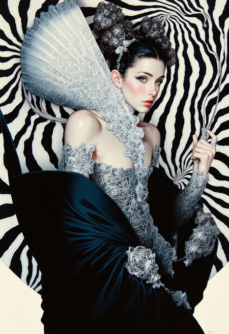 A high-resolution ArsMJStyle colored pencil hyper-detailed realism illustration of a gothic-inspired woman, captured from a low-angle perspective to emphasize her commanding presence. She stands against a hypnotic backdrop of black-and-white fractal lines, forming an intricate optical illusion that warps and undulates, creating a surreal sense of depth and movement. Her flowing midnight-black gown, adorned with shimmering silver filigree and ethereal swirling patterns, fuses gothic elegance with avant-garde futurism. The structured fan-like elements at her shoulders and waist enhance her regal, almost celestial aura, evoking the grandeur of high fashion infused with a dark mystique. Her jet-black hair is sculpted into four sleek, symmetrical buns, each adorned with intricate fan-shaped metal accessories, reinforcing her presence as both an enigma and a force of power. Her piercing gaze, shadowed by bold, dark liner, radiates quiet strength and intensity. A subtle glow highlights the metallic embellishments of her attire, while her poised hands add to the scene’s dynamic energy—one gripping a finely crafted, ornate fan, the other extended forward as if conjuring unseen forces. The interplay between her gothic silhouette and the high-contrast, illusionary background crafts a visually arresting composition that merges gothic beauty with surrealist visual art.
