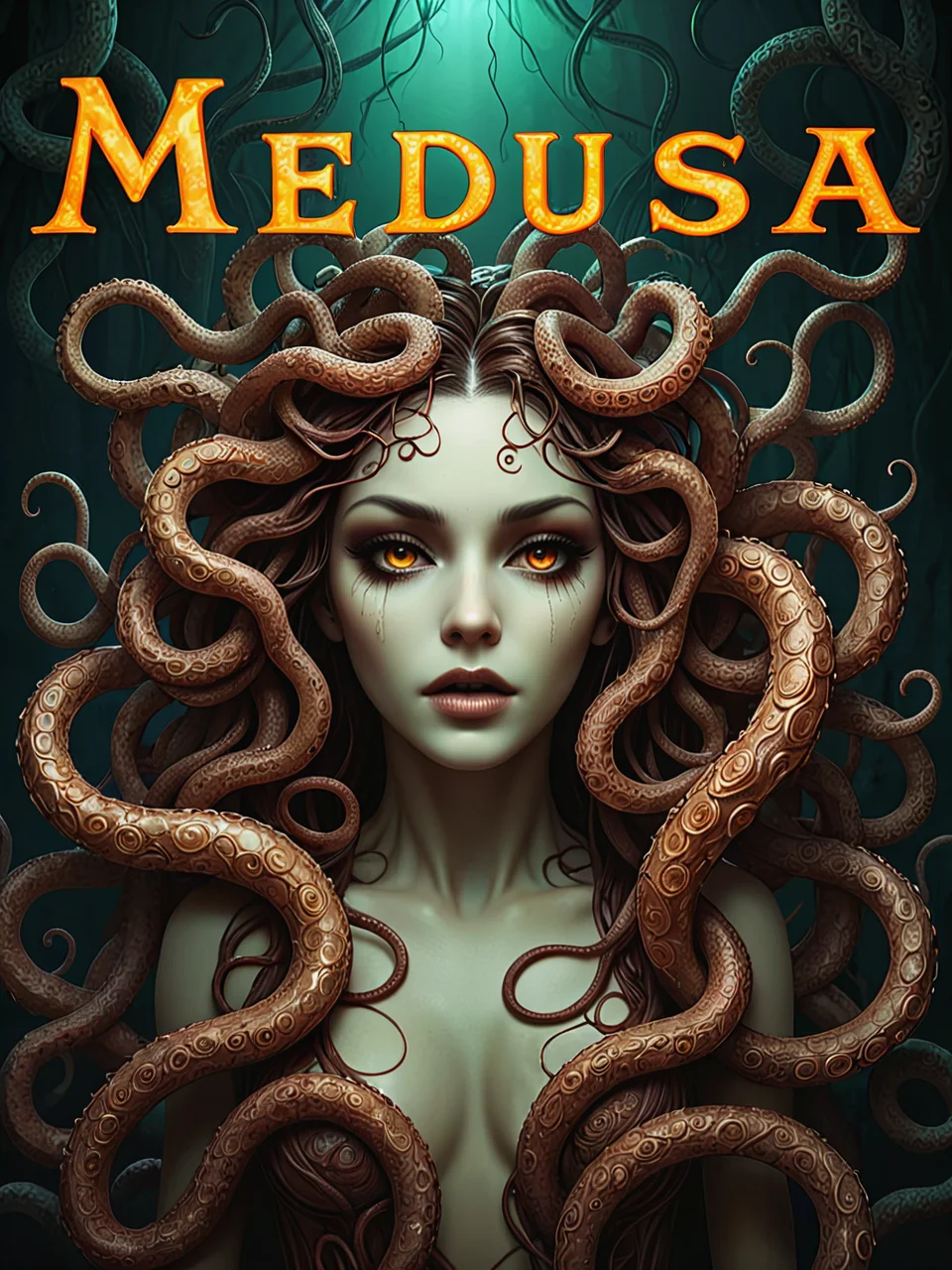 Large glowing text title: "Medusa". 

Rustic. Warm tones.

A hideous apparition, engulfed in tentacles.

<lora:Medusa01_CE_XL_300-OT:0.4> mdsaCE_style