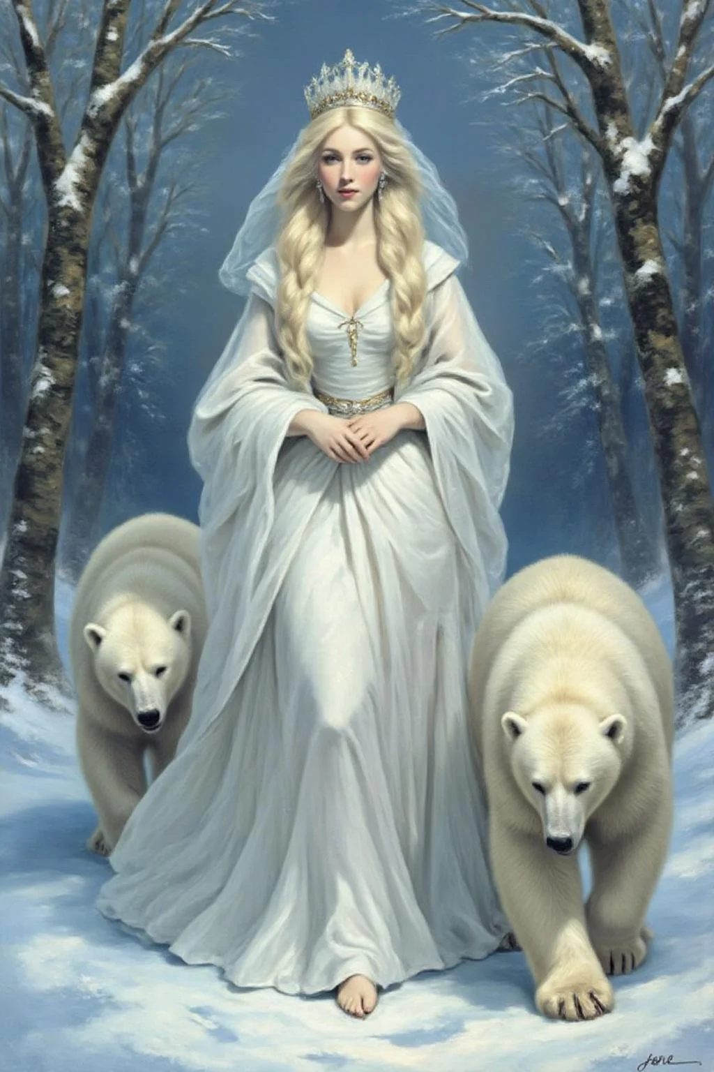 jore1 painting
A Snow Queen with an ethereal appearance. She is dressed in a flowing, long white gown that seems to shimmer, possibly made of a translucent fabric or lace, giving it a delicate, ethereal quality. Her hair and face are obscured by a delicate, sheer veil that extends to the ground, adding to her otherworldly aura. Two polar bears are walking besides her. <lora:jore1_cap_d6a3e12:1.0><lora:818378921587410843:0>