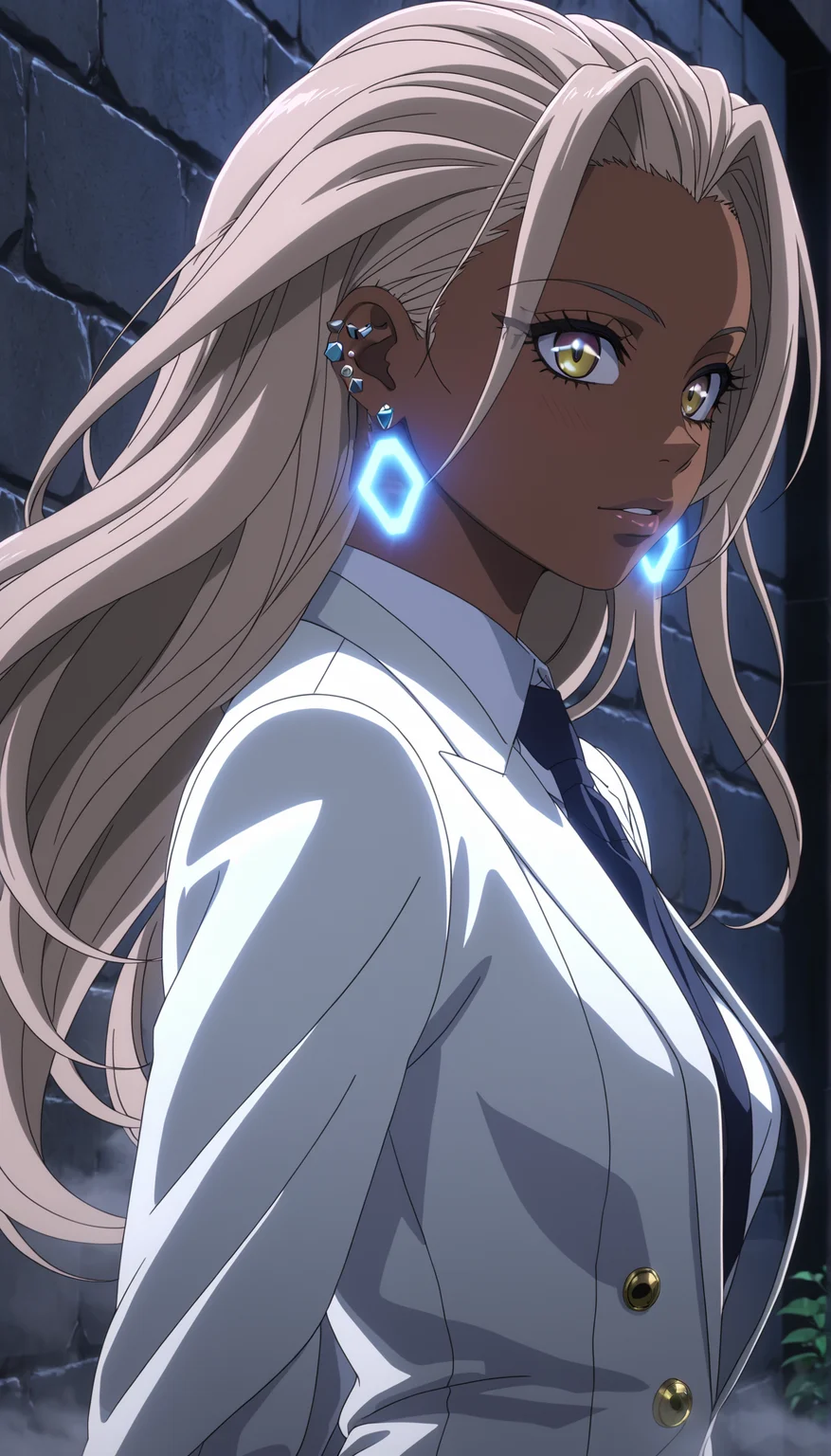 (anime screencap:1.5),
Stylized dark skin gyaru anime character wearing a sleek hexagonal-textured suit,ear piercing, set against a dimly lit stone wall, cinematic lighting.
Walking towards the camera, hair flowing in motion.
Chromatic aberration for a slight retro-futuristic look.Subtle fog effects, creating a dreamlike atmosphere.Neon reflections subtly visible
side profile shot, showing the facial features and outfit details.
Close-up of the outfit texture, emphasizing detail.