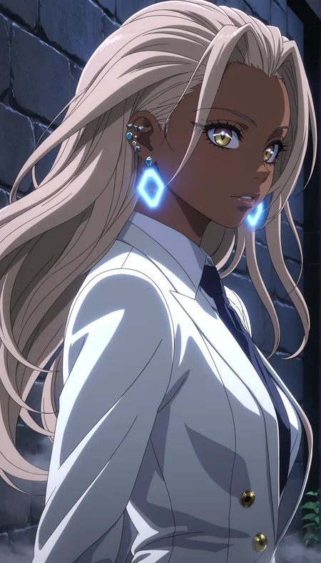 (anime screencap:1.5),
Stylized dark skin gyaru anime character wearing a sleek hexagonal-textured suit,ear piercing, set against a dimly lit stone wall, cinematic lighting.
Walking towards the camera, hair flowing in motion.
Chromatic aberration for a slight retro-futuristic look.Subtle fog effects, creating a dreamlike atmosphere.Neon reflections subtly visible
side profile shot, showing the facial features and outfit details.
Close-up of the outfit texture, emphasizing detail.