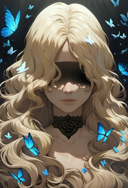 score_9, score_8_up, score_7_up, SLVTK, 1girl, long hair, bug, butterfly, choker, wavy hair, butterfly on face, facing viewer, covered eyes, upper body, dark theme, blonde hair