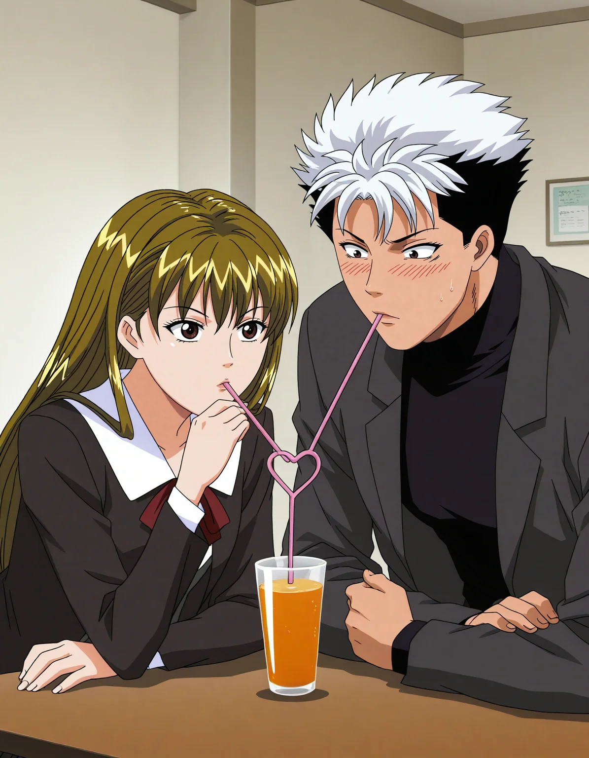 anime artwork <lora:Hyper-SDXL-8steps-lora:1>,
masterpiece,best quality,highres,source_anime,anime screencap,anime coloring,megami magazine,sidelighting,shiny luminous,shiny skin,
indoors,(cafe:1.5), 
<lora:amatuka_megumi_IL:1>
[SEP]
1girl,1boy,duo,sittingã
amatuka_megumi, 1girl,,long hair,short hair,blonde hair,,brown eyes,
school uniform,pleated skirt,jacket, 
koibitonomi, drinking straw,drinking,cup,shared drink,heart straw, upper body, 
[SEP]
1girl,1boy,duo, sitting, 
soga_genzou, short hair, shirt, black hair, 1boy, jacket, white hair,multicolored hair, two-tone hair, sweater, turtleneck, spiked hair, 
black sweater, full-face blush, 
koibitonomi, drinking straw,drinking,cup,shared drink,heart straw, upper body, 
 . anime style, key visual, vibrant, studio anime,  highly detailed