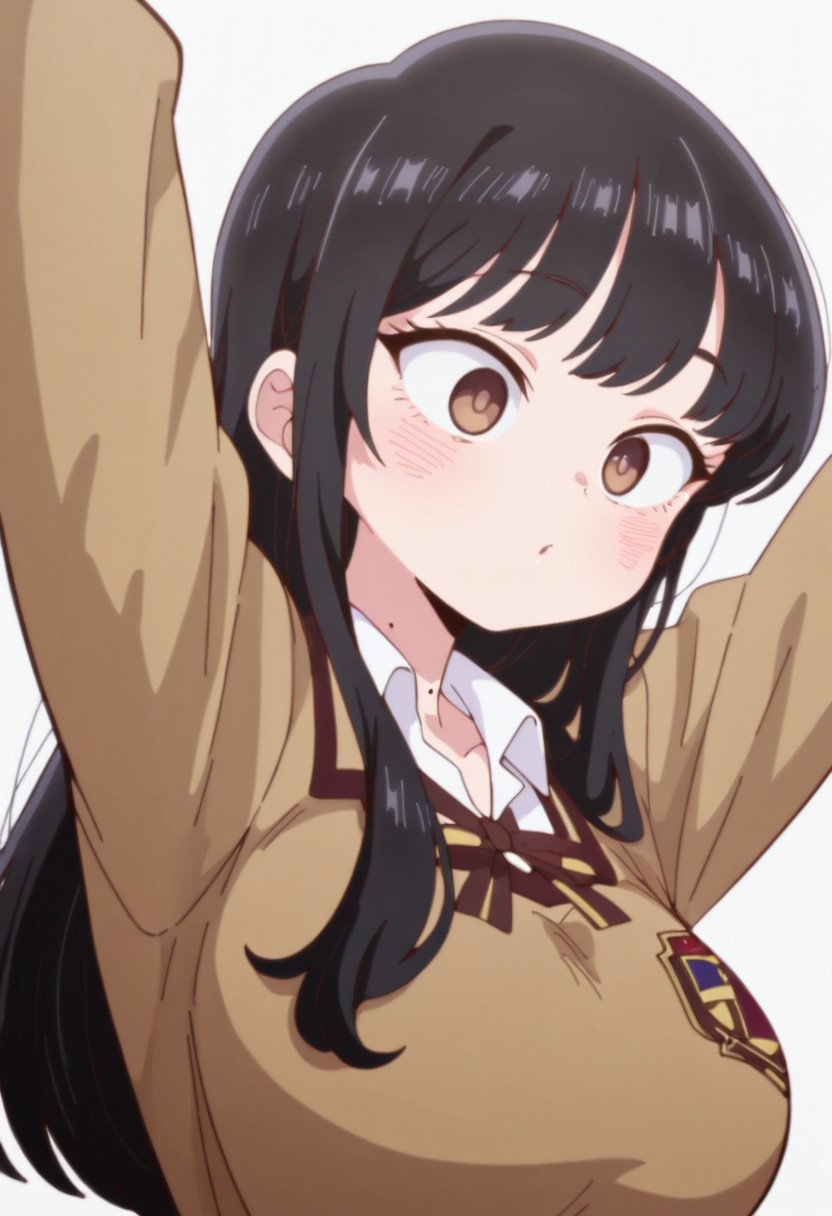 masterpiece, best quality, amazing quality, very aesthetic, absurdres, diives,
masterpiece, 8K, depth of field, focused subject, best quality,newest, absurdes, 
1girl, solo, long hair, black hair, brown eyes, mole on neck, multiple moles on neck, bangs, large breasts,Anna brown school uniform
,dynamic pose,simple background, white background,