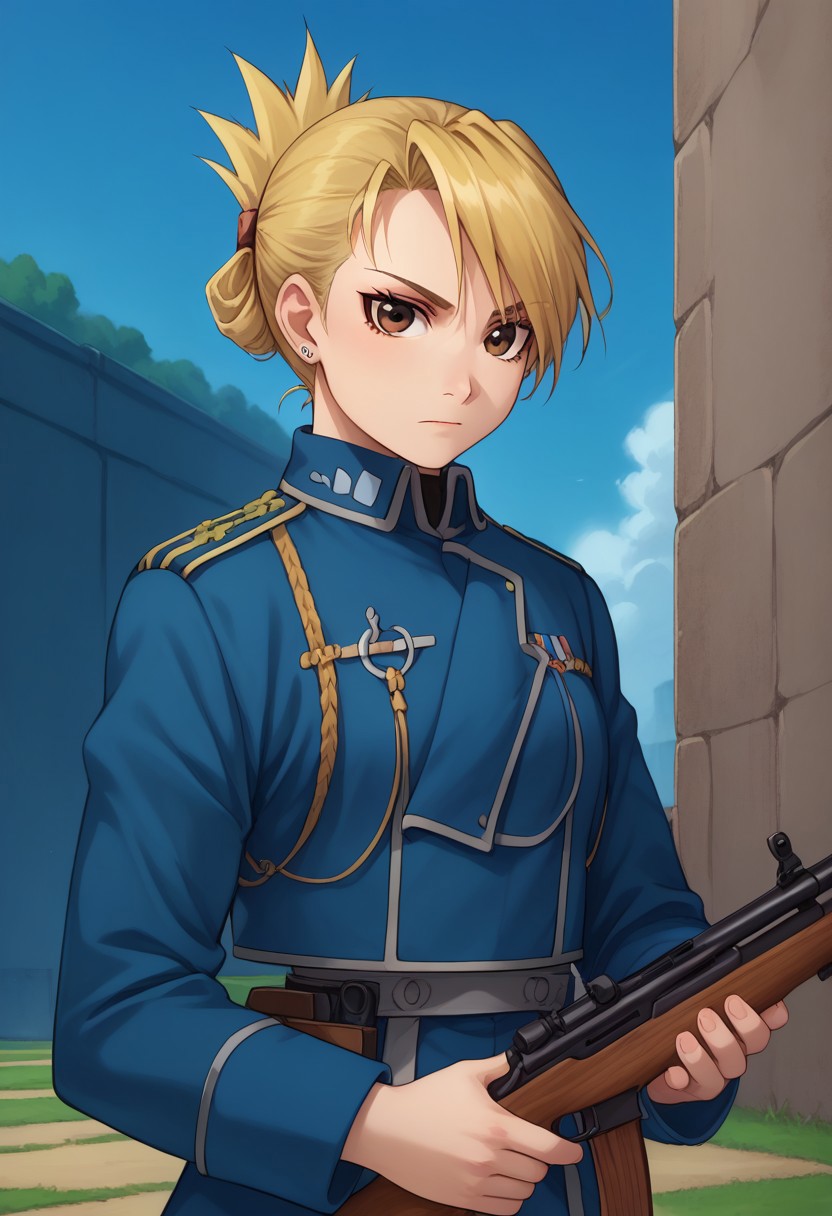 score_9, score_8_up, source_anime, highly detailed, 
riza, 1girl, gun, weapon, blonde hair, solo, rifle, military, military uniform, brown eyes, earrings, uniform, folded ponytail, holding weapon, jewelry, holding,
holding gun, aiguillette, looking at viewer, bolt action, closed mouth, blue jacket, long sleeves, upper body,
outdoor,