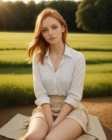 superbloom scenery, 24yo attractive irish redhead, (striking eyes with full limbal ring visible, piercing gaze with prominent limbal rings, large expressive eyes with sharp limbal rings, intense wide eyed stare at viewer:1.4), wide cinematic establishing shot seductive young woman sitting having picnic under tree, (bra strap, cleavage,  young adult irish redhead:1.25), (style of Alessio Albi:1.4), Realist Portraiture, Soft Lighting, Emotional Depth, Simple Compositions, (Layered Depth, Soft focus foreground, Painted Scenery:1.1), alluring feminine physique, short backlit hair, perfect face, thin upper lip, pouting lower lip, thin brows, small upturned nose, bow-shaped lips, Raised Eyebrows, Focused Gaze, eager expression, quaint farm setting, (relaxed country woman), (tight unbuttoned shirt, thin material), subsurface scattering, classic cotton, soft pastel, intricate embroidery collar cuffs, rolled-up sleeves revealing sun-kissed forearms BREAK (blanket:1.15), rich textures, patchwork design, vibrant colors, detailed stitching, homely aesthetic (skirt), elegant rustic charm, subtle floral pattern, linen, sways breeze BREAK ((wildflower wreath)), crown delicate chain necklace, small, intricate pendant, heart-shaped with floral theme, glowing subtly in the soft light, ethereal quality, [lens flare glinting], (mischievous yet content expression), lush green fields in the background, (soft, sunlit ambiance), simple leather boots, carefree hair  <lora:kodak_ultramax_400:0.8> golden hour, soft golden light, pastel sky, relaxed posture, natural smile, earthy colors, candid moment, trees and flowers in background, leading lines, depth of field, slightly off-center framing, warm tones, cinematic look, natural setting, editorial style, soft textures, subtle lighting, peaceful mood