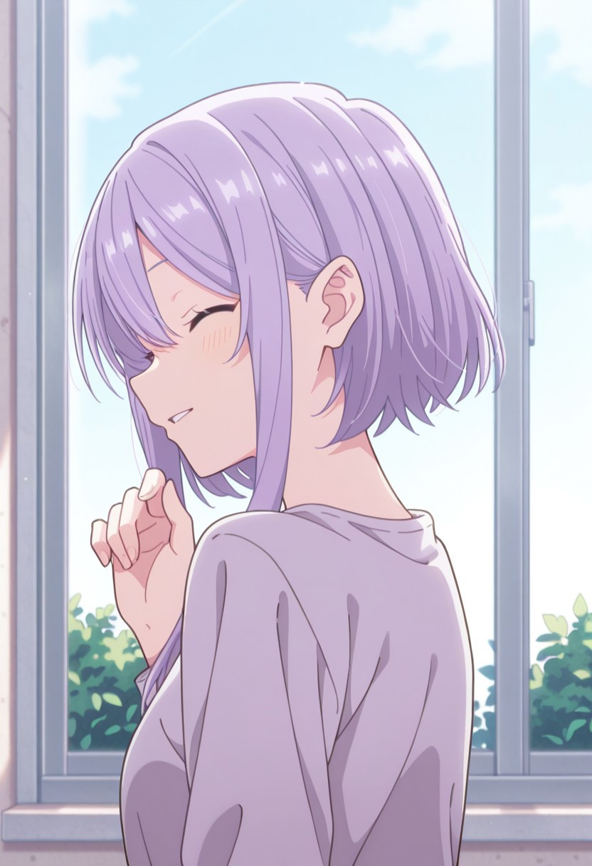 masterpiece, best quality, 32k, high resolution, absurdres, amasawa kyou, parted lips, ^_^, hand up, profile, bush, hair between eyes, window, dot nose, looking back, sky