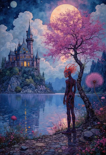 In an enchanting realm where dreams intertwine with reality, a captivating scene unfolds around an ethereal lake teeming with uncharted beauty. Perched atop its shimmering surface lies Draculas eerie castle, shadowed by towering clouds as it watches over this mystical expanse. Amidst the grandeur, a fascinating alien creature steps into focus, effortlessly leaning against a breathtaking alien tree shaped like a dandelion, illuminated with an otherworldly glow. This alien marvel, an intricate composition of angular wings, sharp lines, and deep hues of red and violet, stands out against the backdrop of the surreal landscape. As holy and dramatic lighting engulfs every detail of the scene, a magical atmosphere is heightened by the platinum hue, vivid violet, and golds of the color palette. Retro art style blends seamlessly with comic artistry, bringing forth a hyperrealistic visual narrative that evokes both wonder and intrigue. Every element, from the latticework of the alien tree to the captivating features of the alien creature, is rendered in meticulous detail, inviting viewers to explore the depths of this fantastical realm and lose themselves within its surreal embrace. ,<lora:flux/fav/Digital painting V1.safetensors:1.0:1.0>
