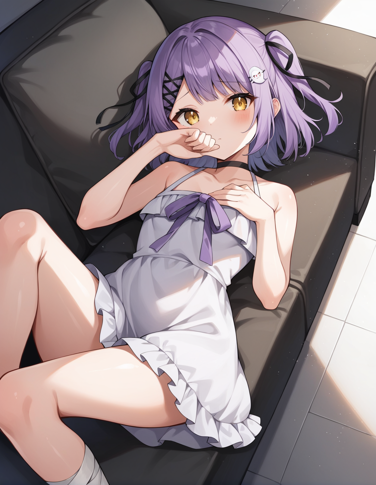 score_9, score_8_up, score_7_up, source_anime, rating_safe, BREAK <lora:runaShinomiya_XL-Pony_LoRA-C3Lier_32-32-16-16_AdamW_Un3e-4_Te1.5e-4_10batch:1>, shinomiya runa, 1girl, virtual youtuber, purple hair, two side up, short hair, yellow eyes, small breasts, hair ribbon, black ribbon, hair ornament, hairclip, black choker, white dress, frilled dress, frilled skirt, sleeveless, purple ribbon, off shoulder, bandaged leg, lying, on back, blush, worried, covering mouth, looking at viewer, facing viewer, from above, on couch, blue couch, light particles, light rays, sunlight