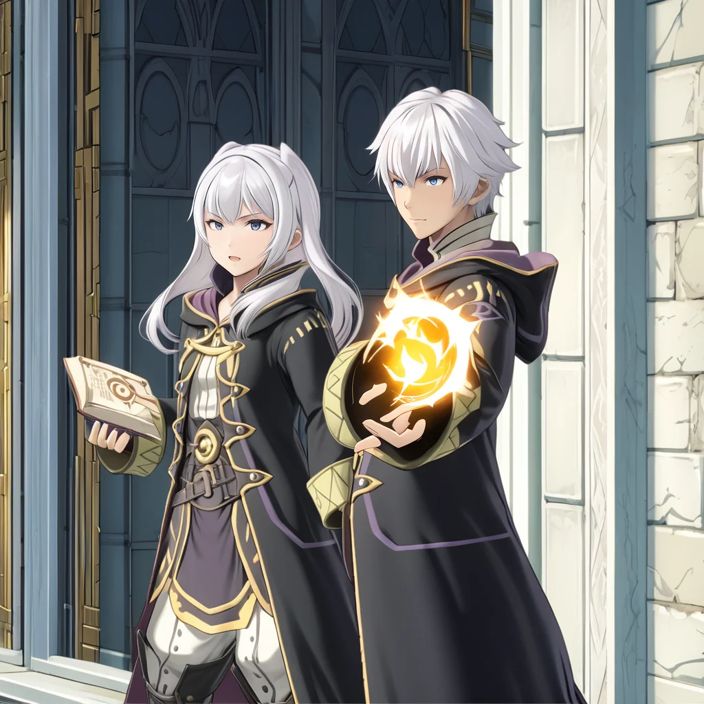 RobinFEXL, 1boy 1girl, white hair, wizard, , (anime, masterpiece, intricate:1.3), (best quality, hires textures, high detail:1.2), (4k),(incredibly detailed:1.4),UHD, 8K, ultra detailed <lora:RobinFEXL:.9>